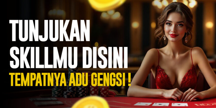 Seorang dealer wanita mengenakan gaun merah di meja permainan live casino dengan kartu dan chip, menunjukkan suasana adu skill dan gengsi.